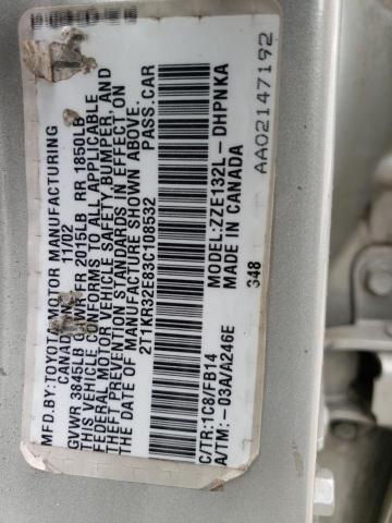 2T1KR32E83C108532 - 2003 TOYOTA COROLLA MA XR SILVER photo 12