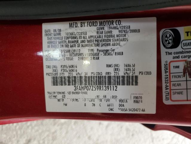 3FAHP07Z59R139112 - 2009 FORD FUSION SE RED photo 12