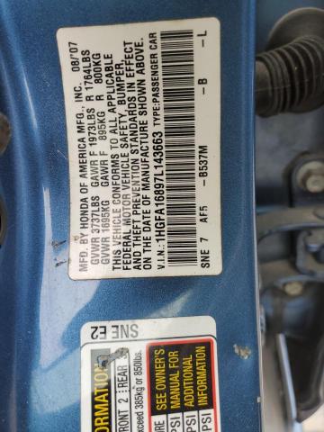 1HGFA16897L143663 - 2007 HONDA CIVIC EX BLUE photo 13