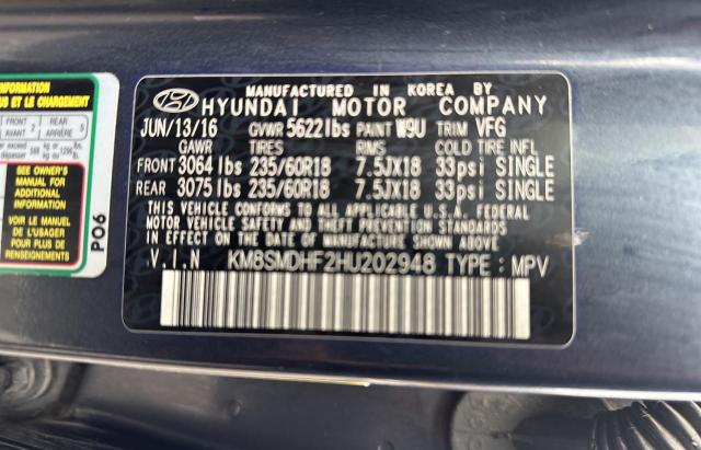 KM8SMDHF2HU202948 - 2017 HYUNDAI SANTA FE SE BLUE photo 10