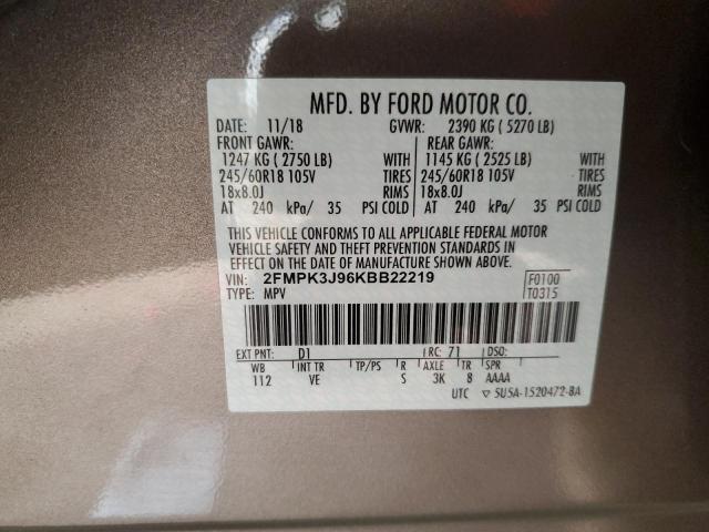 2FMPK3J96KBB22219 - 2019 FORD EDGE SEL BROWN photo 12