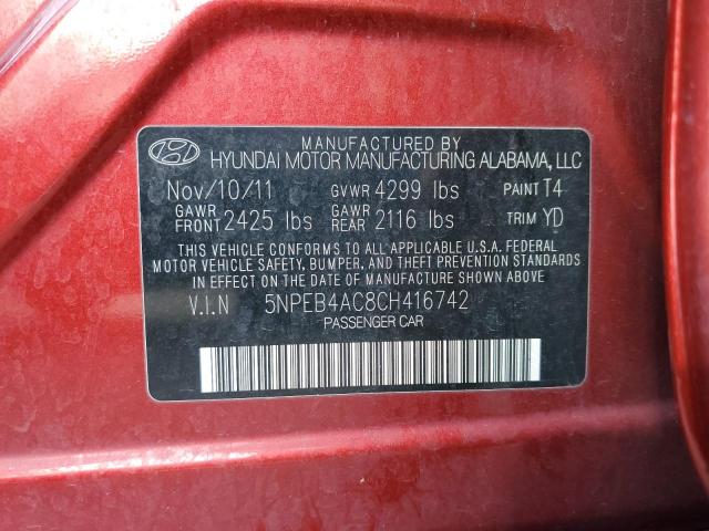 5NPEB4AC8CH416742 - 2012 HYUNDAI SONATA GLS RED photo 12