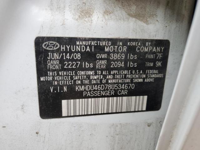 KMHDU46D78U534670 - 2008 HYUNDAI ELANTRA GLS WHITE photo 13