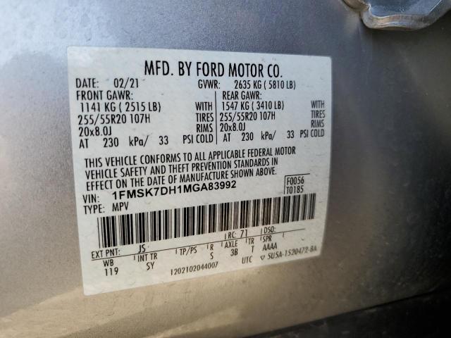 1FMSK7DH1MGA83992 - 2021 FORD EXPLORER XLT GRAY photo 13