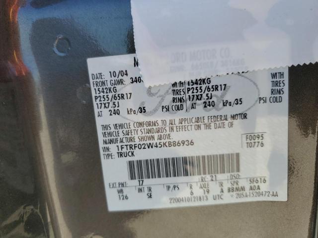 1FTRF02W45KB86936 - 2005 FORD F150 GRAY photo 12