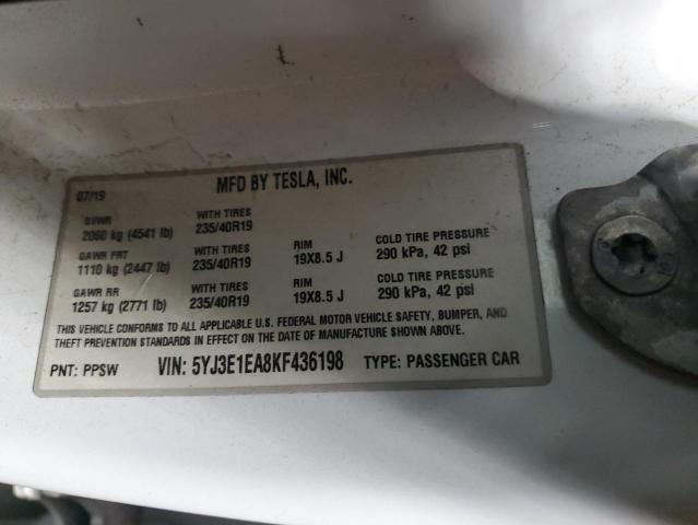 5YJ3E1EA8KF436198 - 2019 TESLA MODEL 3 თეთრი ფოტო 12
