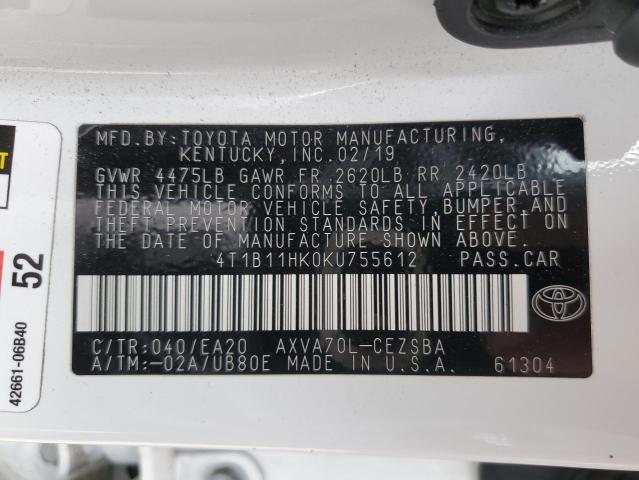 4T1B11HK0KU755612 - 2019 TOYOTA CAMRY L WHITE photo 12