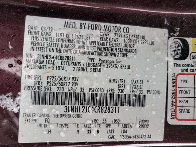 3LNHL2JC4CR828311 - 2012 LINCOLN MKZ MAROON photo 12