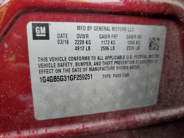 1G4GB5G31GF259251 - 2016 BUICK LACROSSE BURGUNDY photo 12