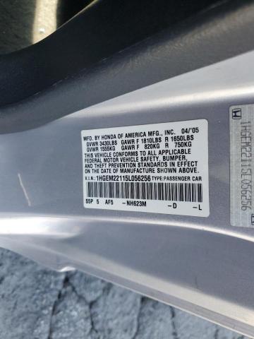 1HGEM22115L056256 - 2005 HONDA CIVIC DX VP SILVER photo 12