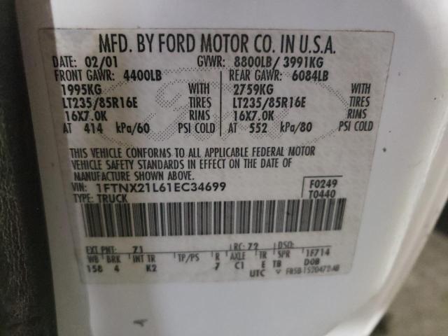 1FTNX21L61EC34699 - 2001 FORD F250 SUPER DUTY WHITE photo 12