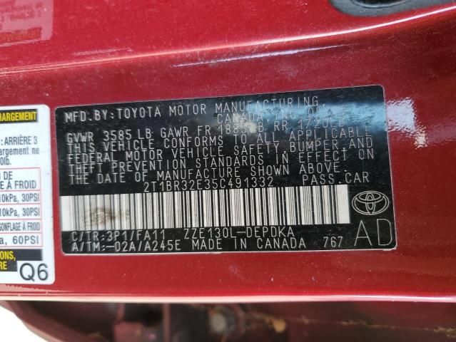 2T1BR32E35C491332 - 2005 TOYOTA COROLLA CE RED photo 12