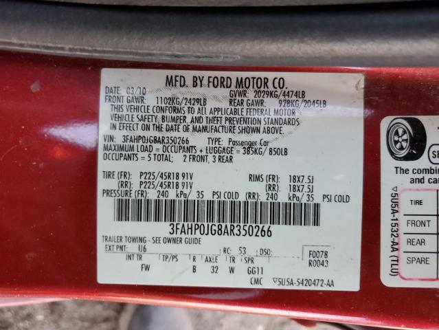 3FAHP0JG8AR350266 - 2010 FORD FUSION SEL RED photo 12