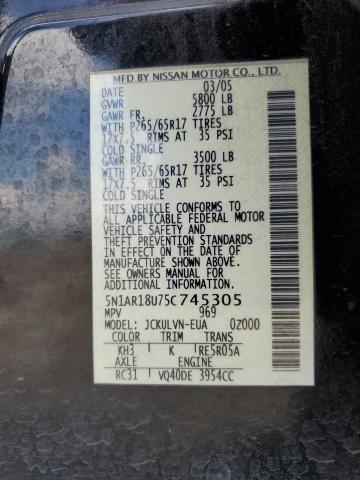 5N1AR18U75C745305 - 2005 NISSAN PATHFINDER LE შავი ფოტო 14