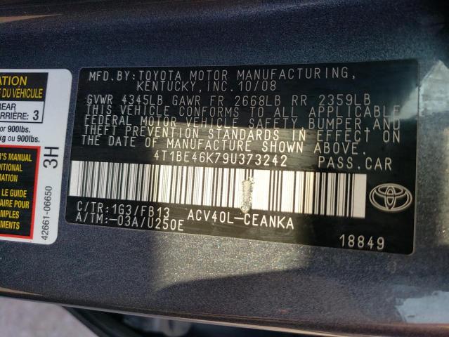 4T1BE46K79U373242 - 2009 TOYOTA CAMRY BASE GRAY photo 12