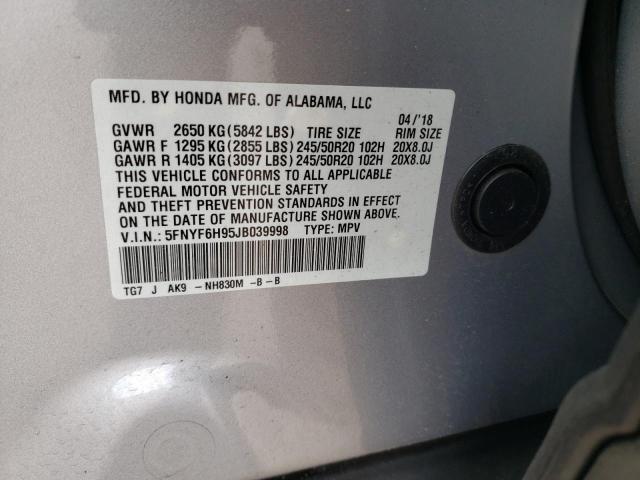 5FNYF6H95JB039998 - 2018 HONDA PILOT TOURING SILVER photo 12