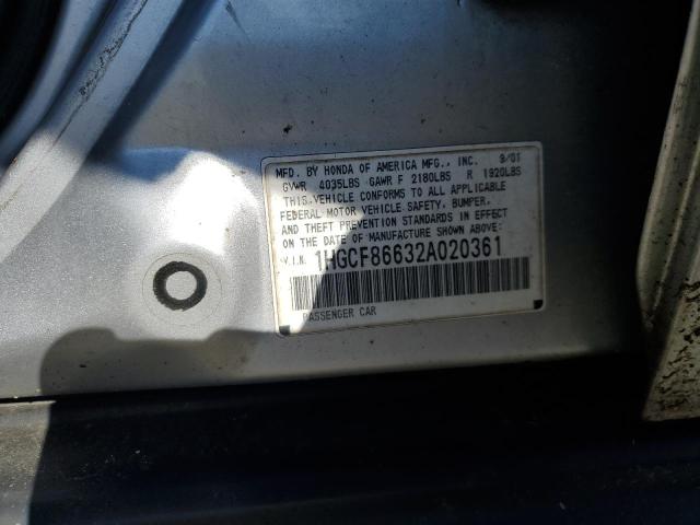 1HGCF86632A020361 - 2002 HONDA ACCORD VALUE SILVER photo 12