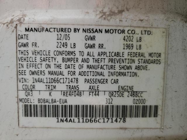 1N4AL11D66C171478 - 2006 NISSAN ALTIMA S WHITE photo 12