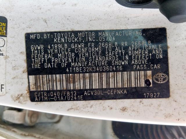 4T1BE32K34U360416 - 2004 TOYOTA CAMRY LE WHITE photo 10