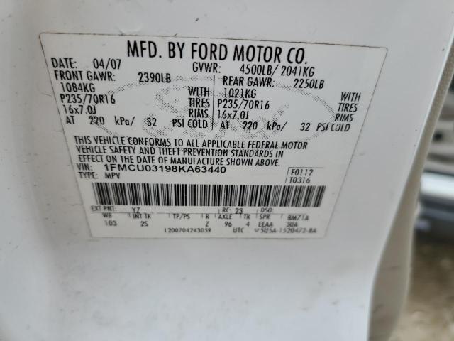 1FMCU03198KA63440 - 2008 FORD ESCAPE XLT WHITE photo 12