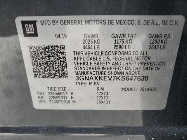 3GNAXKEV7KS647630 - 2019 CHEVROLET EQUINOX LT GRAY photo 12