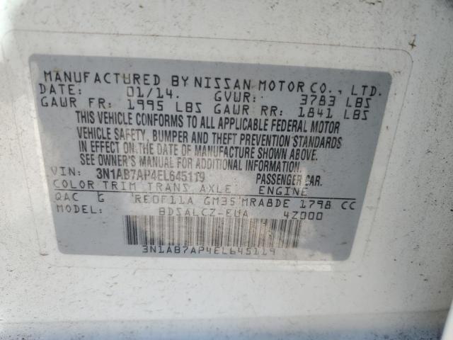 3N1AB7AP4EL645119 - 2014 NISSAN SENTRA S WHITE photo 12