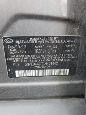 5NPEB4AC7CH471442 - 2012 HYUNDAI SONATA GLS GRAY photo 12