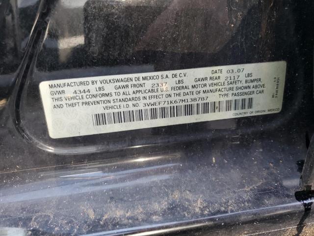 3VWEF71K67M138787 - 2007 VOLKSWAGEN JETTA WOLFSBURG შავი ფოტო 12