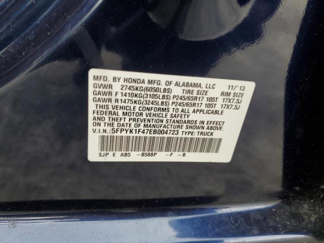 5FPYK1F47EB004723 - 2014 HONDA RIDGELINE RTS BLUE photo 12