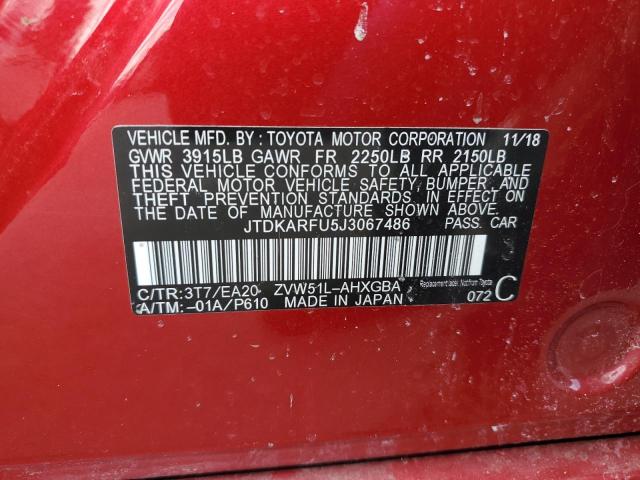 JTDKARFU5J3067486 - 2018 TOYOTA PRIUS RED photo 13