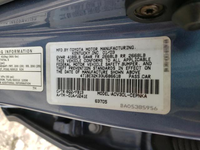 4T1BE32K33U686618 - 2003 TOYOTA CAMRY LE BLUE photo 12