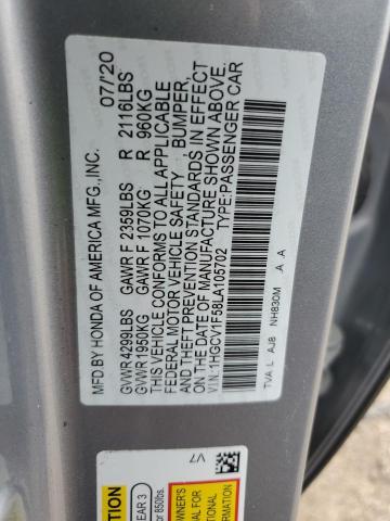 1HGCV1F58LA105702 - 2020 HONDA ACCORD EXL SILVER photo 12