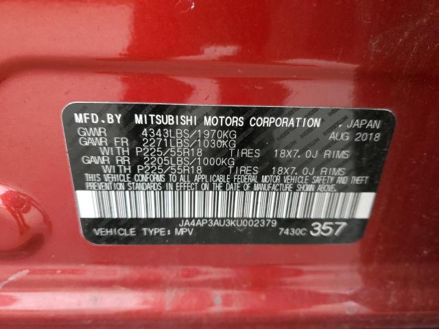 JA4AP3AU3KU002379 - 2019 MITSUBISHI OUTLANDER ES RED photo 13