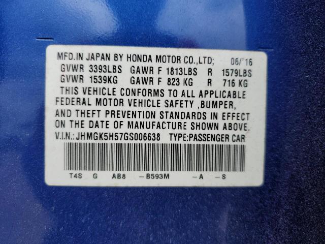 JHMGK5H57GS006638 - 2016 HONDA FIT LX BLUE photo 13