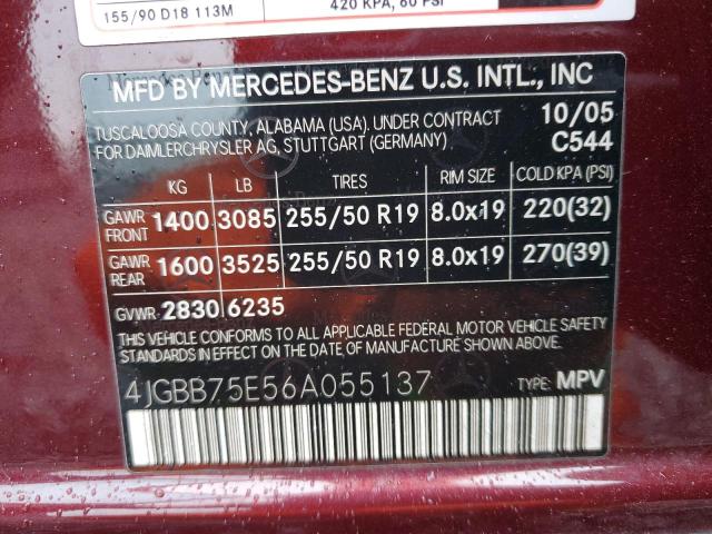 4JGBB75E56A055137 - 2006 MERCEDES-BENZ ML 500 MAROON photo 12