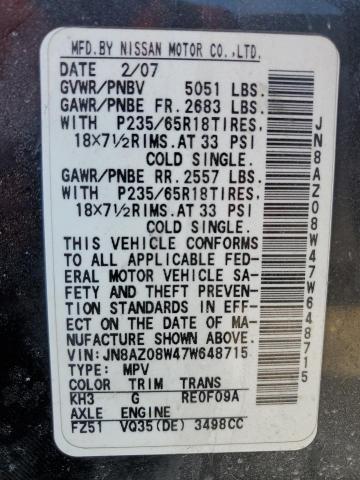 JN8AZ08W47W648715 - 2007 NISSAN MURANO SL BLACK photo 12