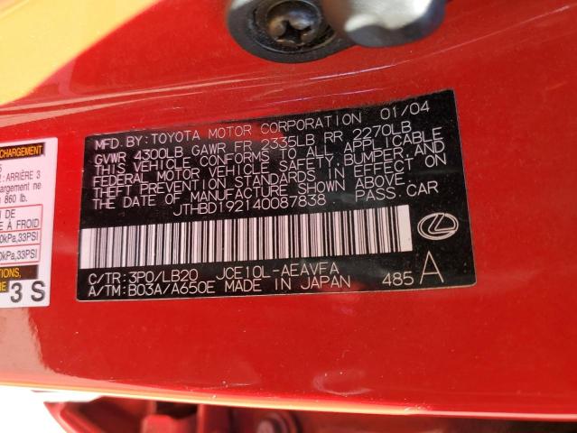 JTHBD192140087838 - 2004 LEXUS IS 300 RED photo 12