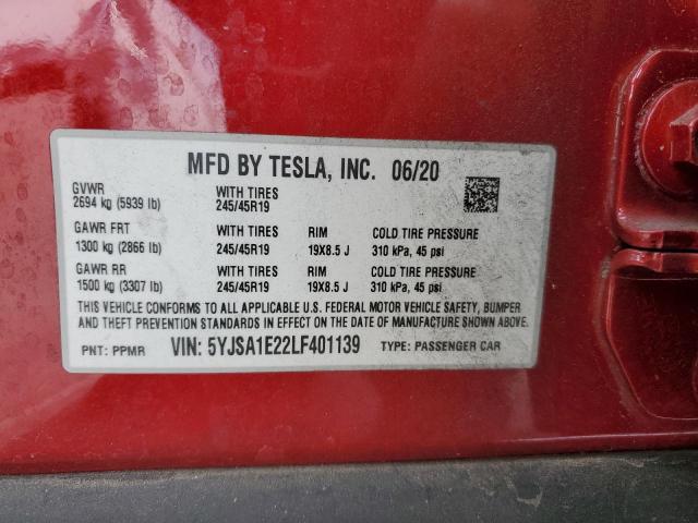 5YJSA1E22LF401139 - 2020 TESLA MODEL S RED photo 13