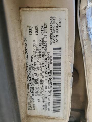 5TEGN92N03Z213113 - 2003 TOYOTA TACOMA DOUBLE CAB PRERUNNER GOLD photo 12