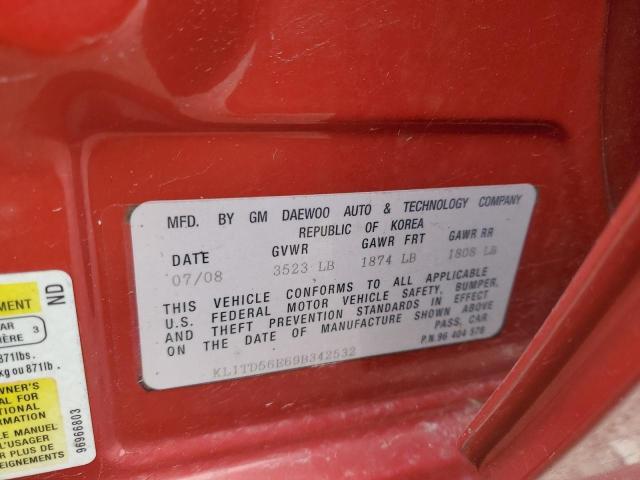 KL1TD56E69B342532 - 2009 CHEVROLET AVEO LS 红色 照片 12