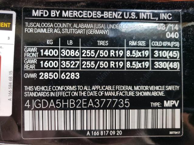 4JGDA5HB2EA377735 - 2014 MERCEDES-BENZ ML 350 4MATIC BLACK photo 14