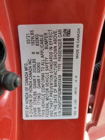 2HGFC2F82MH553438 - 2021 HONDA CIVIC SPORT RED photo 12