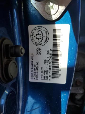 2HGFB2F42DH027164 - 2013 HONDA CIVIC LX BLUE photo 12