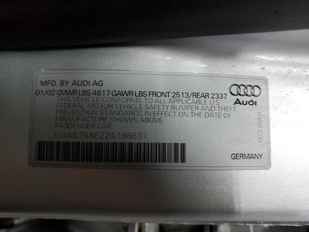 WAULT68E22A196637 - 2002 AUDI A4 3.0 QUATTRO SILVER photo 12