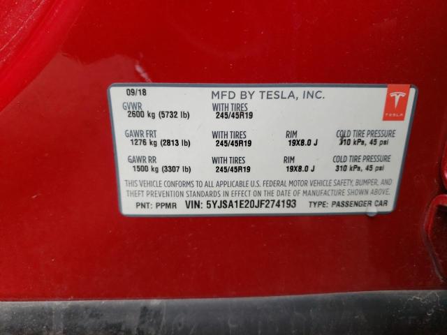 5YJSA1E20JF274193 - 2018 TESLA MODEL S Կարմիր լուսանկար 12