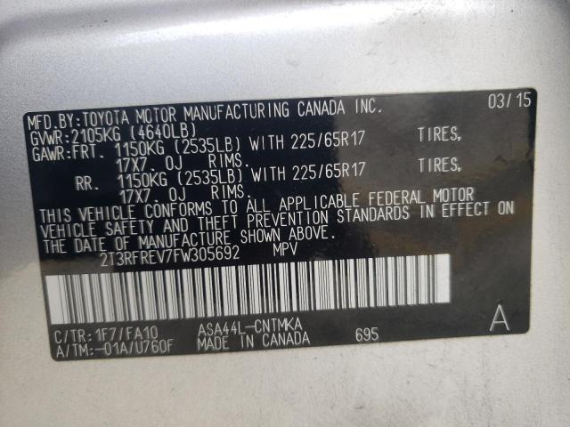 2T3RFREV7FW305692 - 2015 TOYOTA RAV4 XLE SILVER photo 14