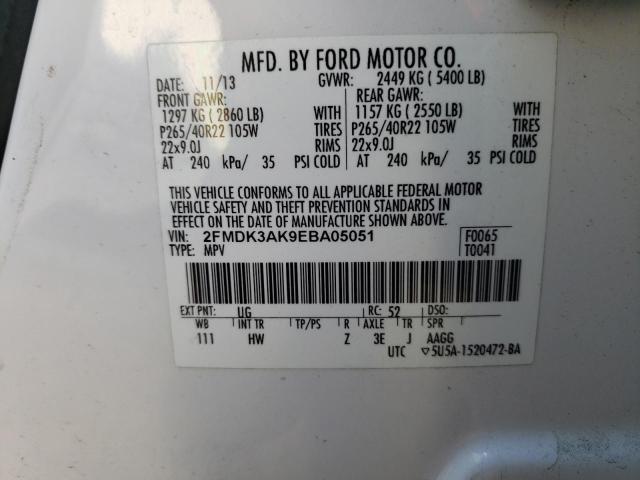 2FMDK3AK9EBA05051 - 2014 FORD EDGE SPORT WHITE photo 12