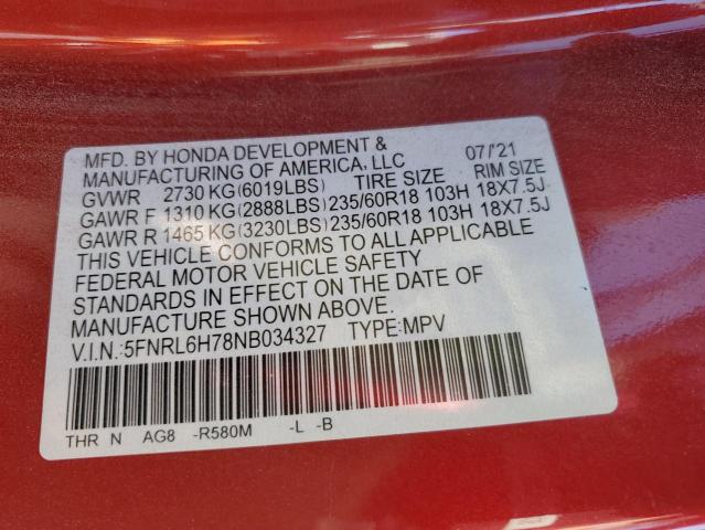 5FNRL6H78NB034327 - 2022 HONDA ODYSSEY EXL RED photo 13