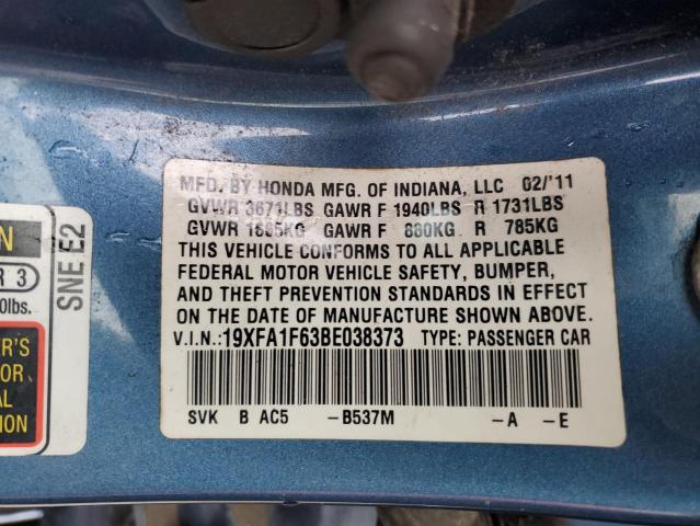 19XFA1F63BE038373 - 2011 HONDA CIVIC LX-S ლურჯი ფოტო 12