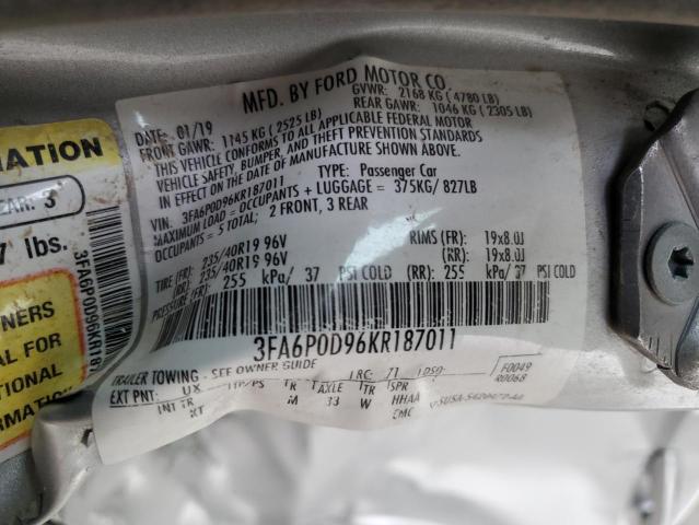 3FA6P0D96KR187011 - 2019 FORD FUSION TITANIUM ვერცხლისფერი ფოტო 12